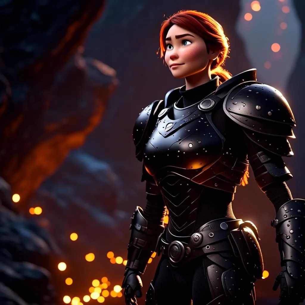 Prompt: <mymodel>25-year-old viking woman, subtle smile, light blue eyes, black gear, bright black armor, wearing an iron-man like suit of armor, black textures and highlights, standing in the shadows of the a dark cave at night, short focus, blurry background, moonlit scene, unreal engine 8k octane, 3d lighting, full body, full armor