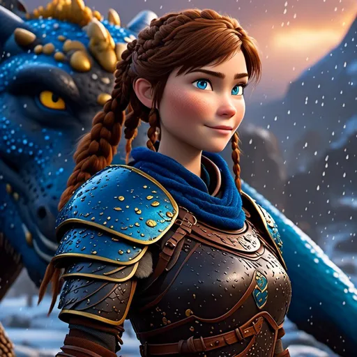 Prompt: <mymodel>CGi Animation, 20-year-old viking woman with blue eyes, a rainy scene, she is standing next to a bright blue dragon with gold highlights, they are both in the rain, the viking woman has a subtle smile, brown hair with two pigtail braids, she has blue gear, gold armor, black pants, black boots