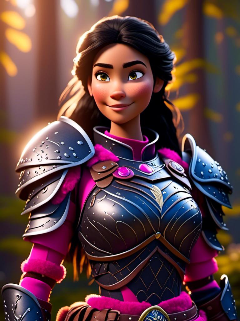 Prompt: <mymodel>CGI Animation, digital art, 20-year-old-old viking woman of royalty standing in the forest with bright sunshine, {{pink gear, blue armor}}, black hair, straight hair with a tiara, subtle smile, unreal engine 8k octane, 3d lighting, close up camera shot on the face, full armor