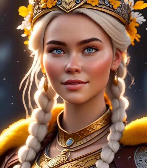 Prompt: <mymodel>CGI Animation, digital art, 20-year-old-old viking woman with light blue eyes, yellow clothes, gold colored armor, white hair, double braids down her shoulders with a tiara, subtle smile, unreal engine 8k octane, 3d lighting, close up camera shot on the face, full armor