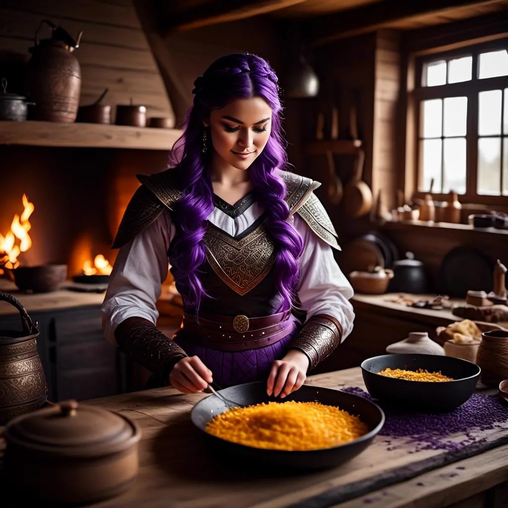 Prompt: Photo of <mymodel> working in the kitchen preparing food in her viking house