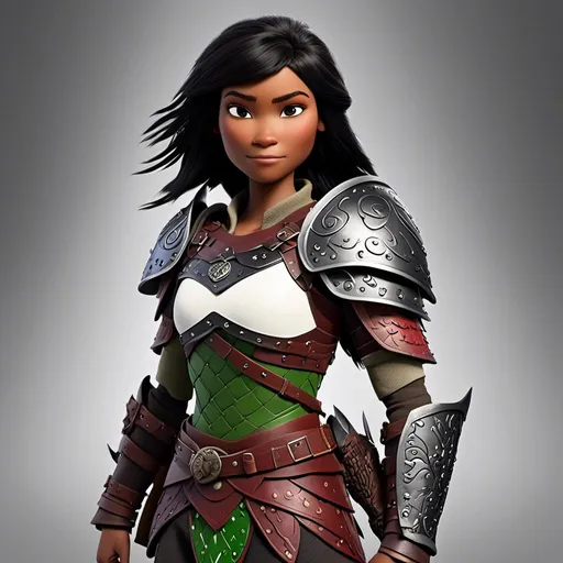 Prompt: <mymodel>Animated CGI style of a fierce Caucasian white Viking female about 25 years old, black hair, detailed facial features, leather armor {{((red))}} and green armor, battle axe and shield, intense and determined expression, dynamic and powerful pose, high definition, CGI, detailed armor, fierce female, Nordic designs, battle-ready, dynamic pose, professional lighting