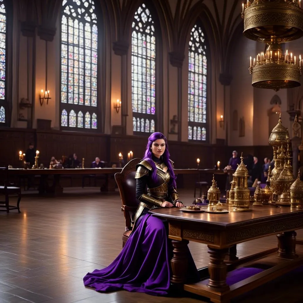 Prompt: Photo of <mymodel> sitting at a table in The Great Hall
