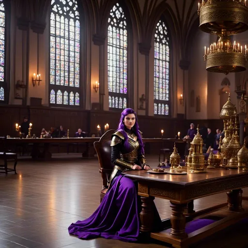 Prompt: Photo of <mymodel> sitting at a table in The Great Hall
