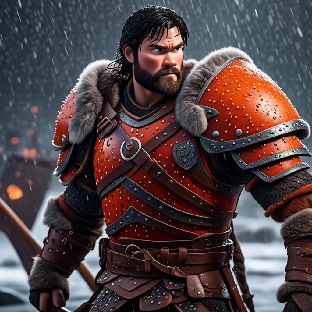 Prompt: <mymodel>Animated CGI style of a fierce Viking male about 25 years old, black hair, detailed facial features, leather armor {{((red))}} and orange armor, battle axe and shield, standing in the rain, intense and determined expression, dynamic and powerful pose, high definition, CGI, detailed armor, fierce male, Nordic designs, battle-ready, dynamic pose, professional lighting