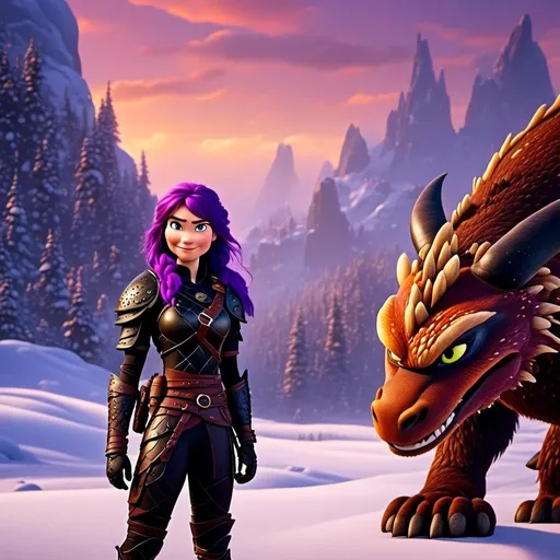 Prompt: Photo of <mymodel> standing next to her ((black)) razorwhip dragon from How to Train Your Dragon in the snow, viking warrior, purple hair, single braid down her shoulder, black gear, gold armor, black pants, gold boots