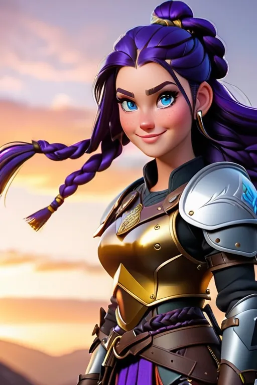 Prompt: Digital art, bright colors, subtle smile, 23-year-old woman viking, dark purple hair, one braid, light blue eyes, cut over left eye to on cheekbone, black gear, gold armor, unreal engine 8k octane, 3d lighting, full body, full armor