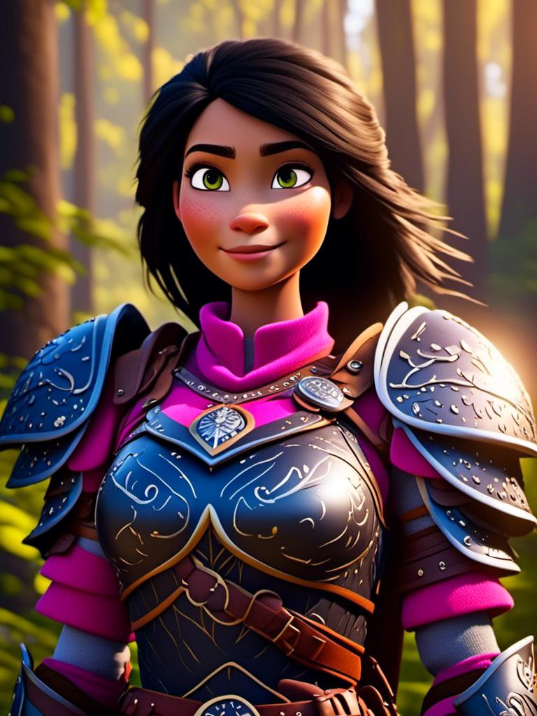 Prompt: <mymodel>CGI Animation, digital art, 20-year-old-old viking woman of royalty standing in the forest with bright sunshine, {{pink gear, blue armor}}, black hair, straight hair with a tiara, subtle smile, unreal engine 8k octane, 3d lighting, close up camera shot on the face, full armor