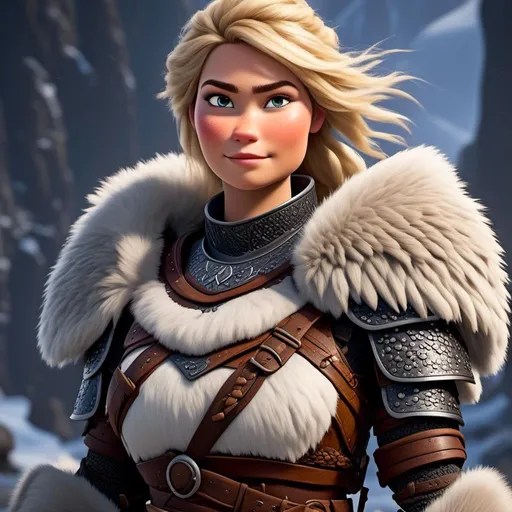 Prompt: digital CGI art of <mymodel>, 27-year-old modest Young woman viking, white gear, she has two iron frying pans to use as weapons, blonde hair, Quite well-built and lean muscled, green gold eyes, assassin's creed Valhalla armor, very short curly blonde hair