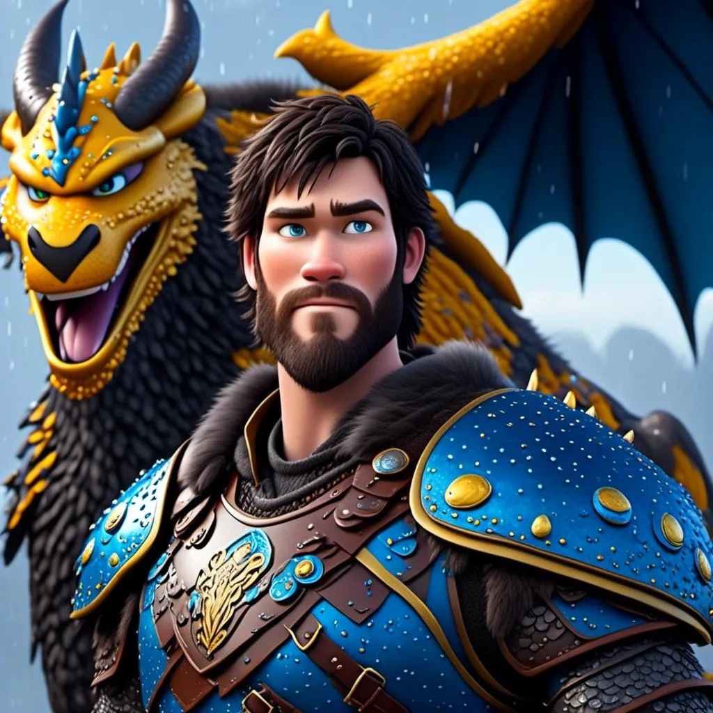 Prompt: <mymodel>CGi Animation, 20-year-old viking man with blue eyes, a rainy scene, the viking man has a subtle smile, black hair, he has blue gear, gold armor, black pants, black boots, he is standing next to a bright blue dragon with gold highlights, they are both in the rain, 