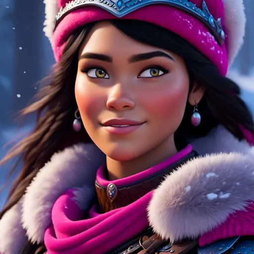 Prompt: <mymodel>CGI Animation, close-up portrait of the face, 20-year-old-old viking woman of royalty standing in the forest, a snowy scene, {{pink gear, blue armor}}, black hair, straight hair with a tiara, subtle smile, unreal engine 8k octane, 3d lighting, close up camera shot on the face, full armor