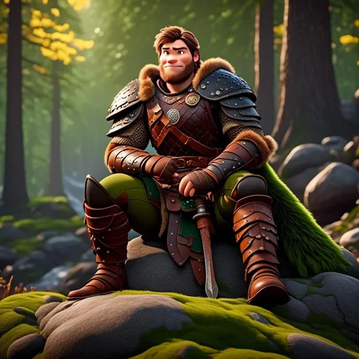 Prompt: <mymodel>Male viking warrior, thin and light muscle build, sitting on a boulder in the forest, there is a large green dragon with a flat body build standing next to the viking, viking has short brown hair, green eyes, green armor, brown gear, brown pants, brown boots, historical, strong and natural lighting, 8K octane, unreal engine