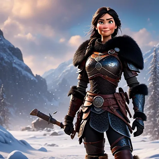 Prompt: <mymodel>CGi Animation, 25-year-old viking woman warrior with brown eyes, a snowy scene, the viking woman has a subtle smile, black hair, she has black gear, black armor, black textures, black pants, black boots