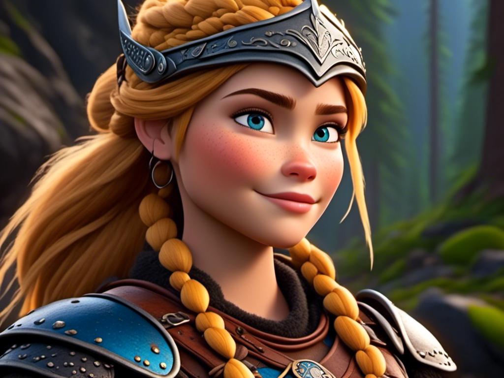 Prompt: <mymodel>CGi Animation, 20-year-old viking woman with blue eyes, she is wearing a helmet, a rainy scene, she is sitting on a boulder in a forest, the viking woman has a subtle smile, blonde hair in a ponytail style, she has blue gear, gold armor, black pants, black boots