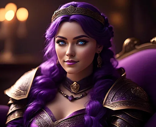 Prompt: <mymodel>CGI Animation, digital art, 20-year-old-old viking woman with light blue eyes, lying down on the couch in the living room, {{black gear, purple armor}}, purple hair with purple strands, single braid down her shoulder with a tiara, subtle smile, unreal engine 8k octane, 3d lighting, close up camera shot on the face, full armor