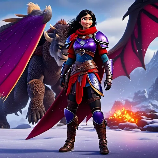 Prompt: <mymodel>CGi Animation, 20-year-old viking woman warrior with blue eyes, a snowy scene, the viking woman has a subtle smile, black hair, she has red gear, yellow armor with bursts of purple splotches, black pants, black boots, she is standing next to a bright red dragon with purple highlights, they are both in the rain