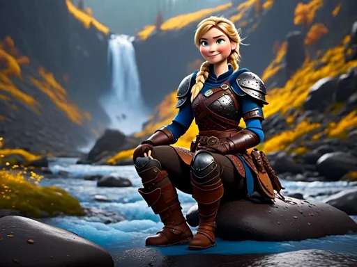 Prompt: <mymodel>CGi Animation, 20-year-old viking woman with blue eyes, she is wearing a helmet, a rainy scene, she is sitting on a boulder in a forest, the viking woman has a subtle smile with it pouring down rain, blonde hair in a ponytail style, she has blue gear, gold armor, black pants, black boots