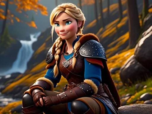 Prompt: <mymodel>CGi Animation, 20-year-old viking woman with blue eyes, she is wearing a tiara, a rainy scene, she is sitting on a boulder in a forest, the viking woman has a subtle smile with it pouring down rain, blonde hair in a ponytail style, she has blue gear, gold armor, black pants, black boots