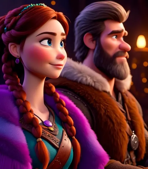 Prompt: <mymodel>CGI Animation, digital art, 20-year-old-old viking woman with light blue eyes, sitting on the couch in the living room next to her husband with brown hair and green gear, purple hair with purple strands, single braid down her shoulder with a tiara, subtle smile, unreal engine 8k octane, 3d lighting, close up camera shot on the face, full armor