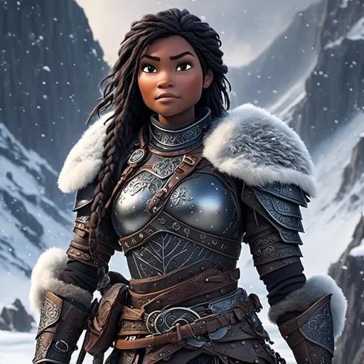 Prompt: <mymodel>animated CGI style, caucasian white, black hair, viking female warrior, detailed braided hair and battle scars, rugged and weathered armor, intense and determined gaze, snowy and rugged landscape, fierce, warrior, detailed hair, battle scars, snowy landscape, intense gaze, weathered armor, dramatic lighting