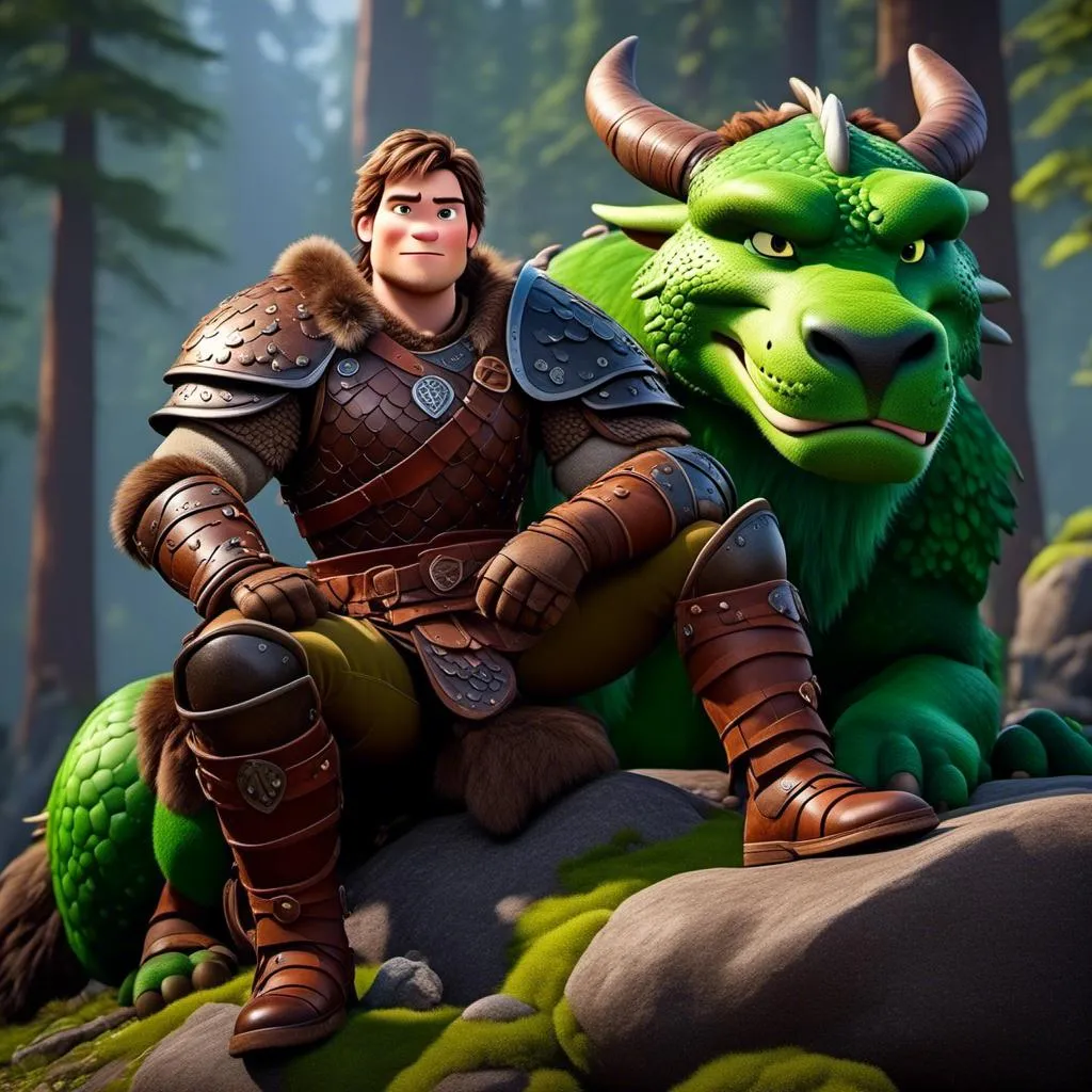 Prompt: <mymodel>Male viking warrior, thin and light muscle build, sitting on a boulder in the forest, there is a large green dragon next to him, short brown hair, green eyes, green armor, brown gear, brown pants, brown boots, historical, strong and natural lighting