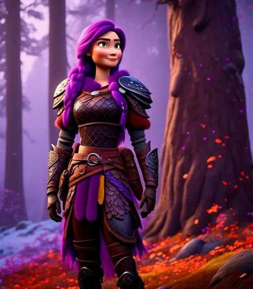 Prompt: <mymodel>CGI Animation, digital art, 20-year-old-old viking woman of royalty standing next to a tree with her hands resting on the bark, she is in a dimly lit thick forest with trees everywhere, dense fog, light blue eyes, {{black gear, purple armor}}, purple hair, single braid down her shoulder with a tiara, subtle smile, unreal engine 8k octane, 3d lighting, close up camera shot on the face, full armor