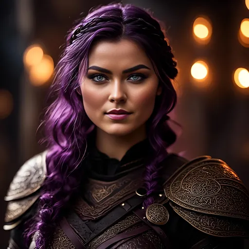 Prompt: <mymodel>25-year-old viking woman, messy and dirty hair, single braid of hair down her shoulder, she has a mad expression, standing in a dimly lit viking building, light blue eyes, dirty armor, black gear, bright black armor, black textures and highlights, with glowing lights, short focus, blurry background, unreal engine 8k octane, 3d lighting, full body, full armor