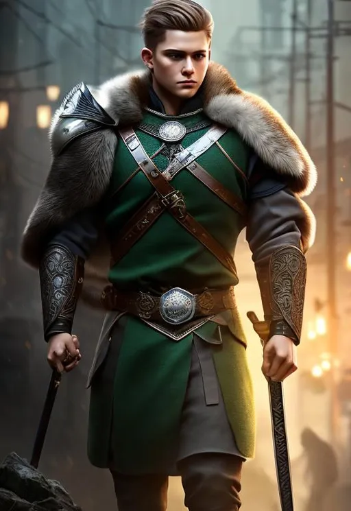 Prompt: he has short brown hair, create most handsome fictional male prince viking warrior, short brown hair, light green eyes, extremely detailed environment, detailed background, intricate, detailed skin, professionally color graded, photorealism, 8k, moody lighting