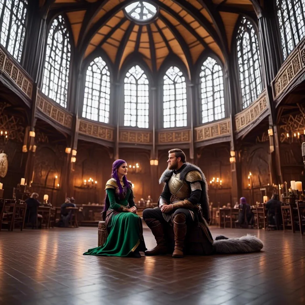 Prompt: Photo of a young <mymodel> sitting at the in the viking Great Hall from How to Train Your Dragon discussing politics with her husband a young Jarl Mollerson, ((he has short brown hair and no beard))