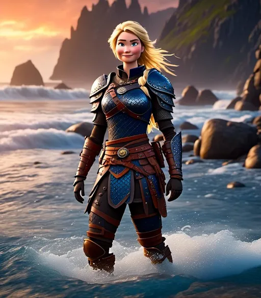 Prompt: <mymodel>CGI Animation, digital art, 20-year-old-old viking woman with blue eyes standing around several hot springs on a beach, ((blue clothes, blue colored armor,)) raining with sunset lighting, blonde straight hair, subtle smile, unreal engine 8k octane, 3d lighting, cinematic lighting, camera shot of full armor from head to toe