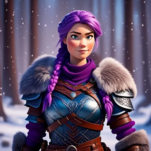 Prompt: <mymodel>a female viking warrior with purple hair standing in a snowy forest, light blue eyes, single braid down shoulder, purple armor, subtle smile, full body, cool tones, dramatic lighting, simple details