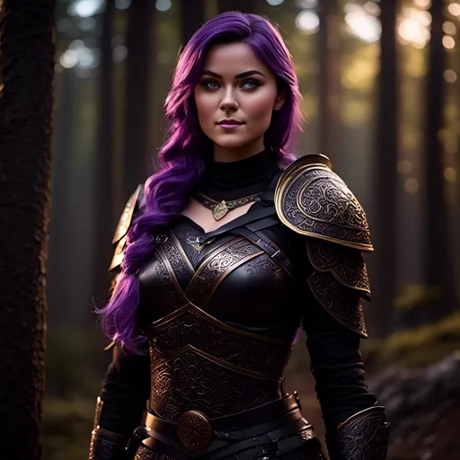 Prompt: <mymodel>25-year-old viking woman, subtle smile, light blue eyes, black gear, bright black armor, black textures and highlights, standing in the shadows of the forest, short focus, blurry background, moonlit scene, unreal engine 8k octane, 3d lighting, full body, full armor