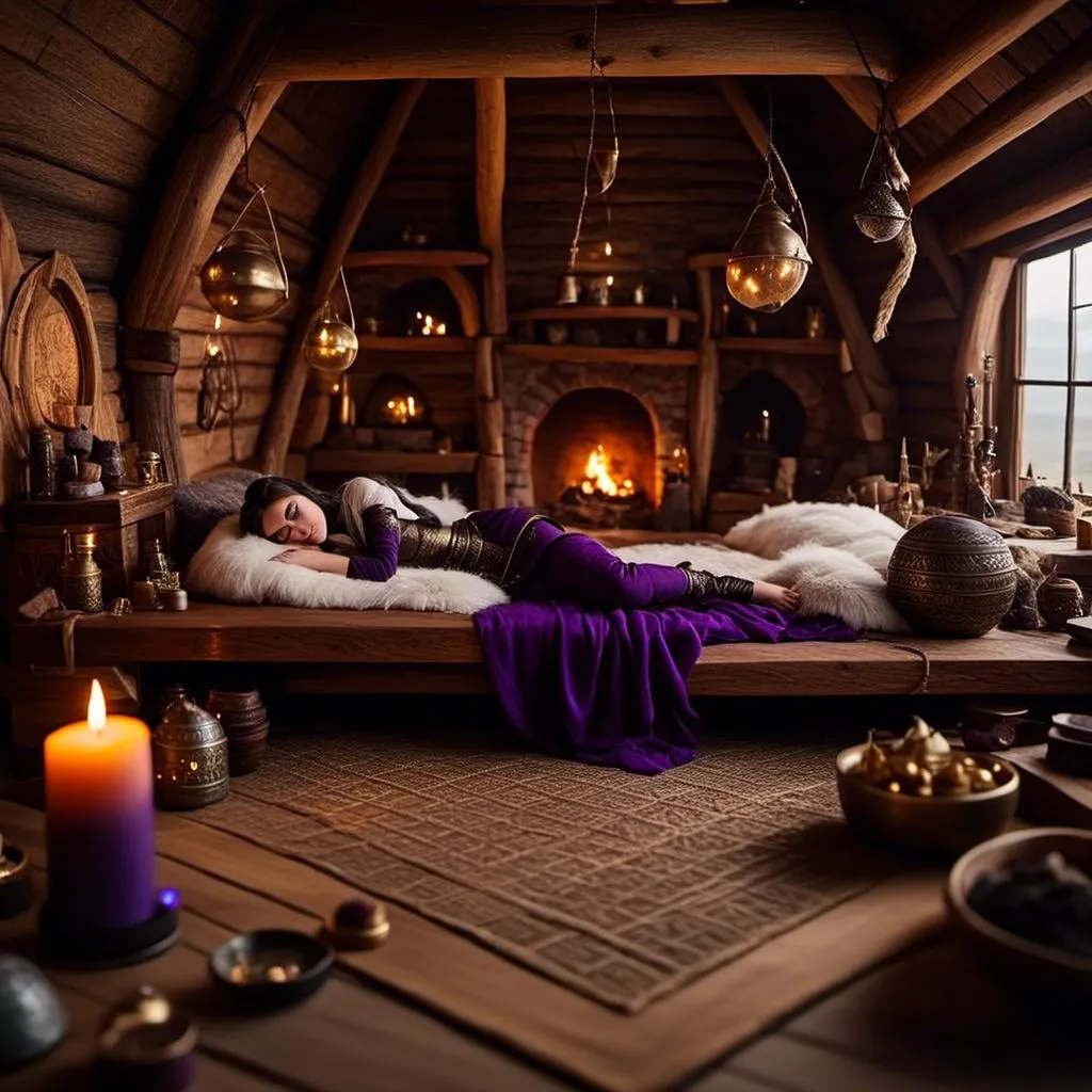 Prompt: Photo of <mymodel> lying down on her bed in her viking house