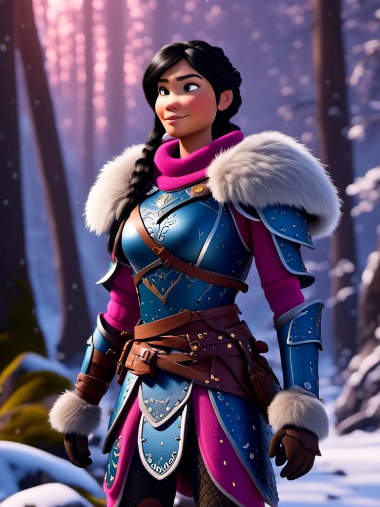 Prompt: <mymodel>CGI Animation, digital art, 20-year-old-old viking woman of royalty standing in the forest, a snowy scene, {{pink gear, blue armor}}, black hair, straight hair with a tiara, subtle smile, unreal engine 8k octane, 3d lighting, close up camera shot on the face, full armor