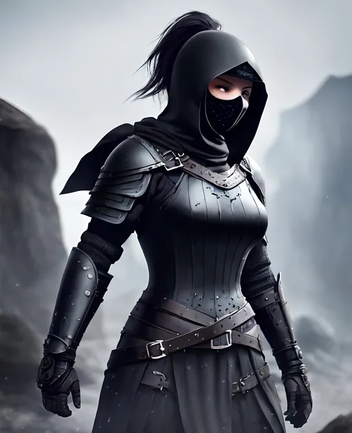 Prompt: Digital Art, a sinister viking woman, black armor, black gear, a black helmet fully covering her face, no face, no eyes, with a black ponytail coming from the helmet, a long black cloak, black bracers, black pants, black boots, unreal engine 8k octane, 3d lightning