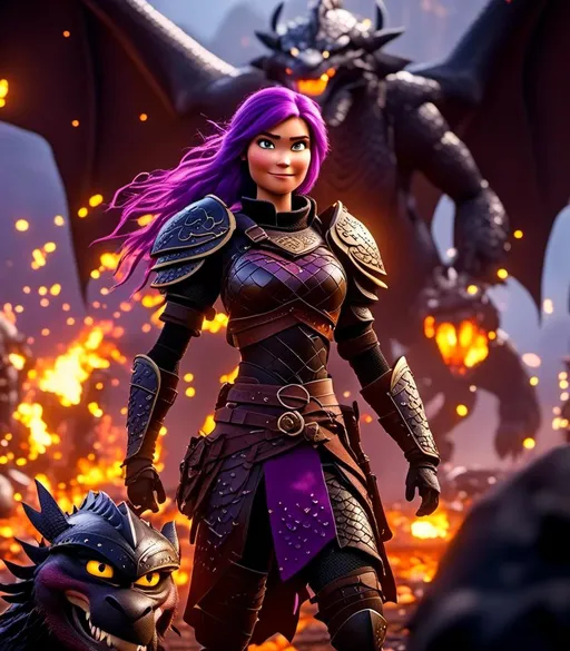 Prompt: <mymodel>CGI Animation, digital art, 20-year-old-old viking woman with light blue eyes and purple hair, intensely looking over battle orders with her troops, black dragon scale helmet covering face, armory lit with torches, black clothes, black dragon scaled colored armor, purple hair, single braid down her shoulder with a gold tiara, subtle smile, unreal engine 8k octane, 3d lighting, close up camera shot on the face, full armor