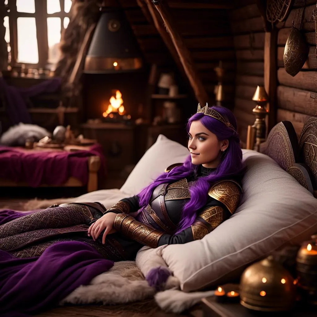 Prompt: Photo of <mymodel> lying down on her bed in her viking house