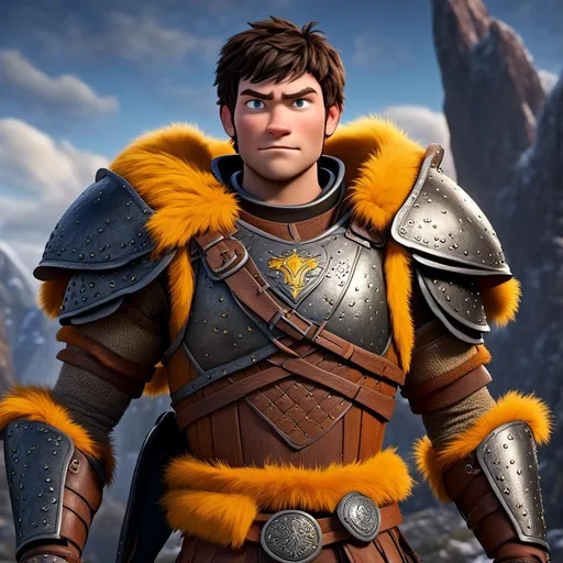 Prompt: <mymodel>Animated CGI style of a fierce 24 year old Caucasian Viking with dark hair, intense gaze, realistic yellow armor with bursts of orange textures, high quality, CGI, realistic, intense gaze, viking, male, Caucasian, detailed facial features, fur textures, highres, professional, intense lighting