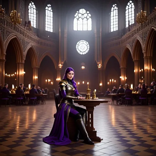 Prompt: Photo of <mymodel> sitting at a table in The Great Hall
