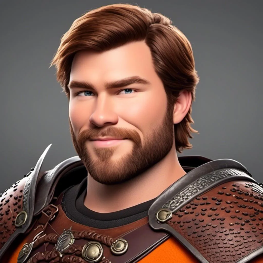 Prompt: <mymodel>Animated CGI style of a light build Caucasian Viking with brown hair, orange armor, maroon clothing textures, high quality, CGI, content gaze, viking, male, Caucasian, highres, professional, intense lighting