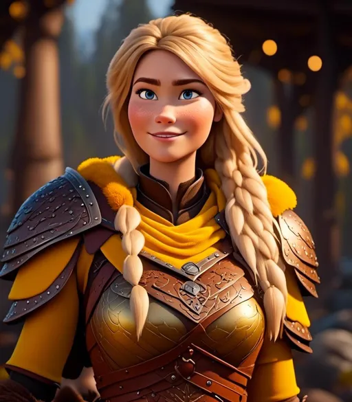 Prompt: <mymodel>CGI Animation, digital art, 20-year-old-old viking woman with light blue eyes, yellow mask over her eyes, yellow clothes, gold colored armor, blonde straight hair, subtle smile, unreal engine 8k octane, 3d lighting, full armor