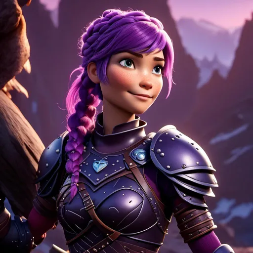 Prompt: <mymodel>CGI Animation of a viking female, purple hair in a single braid, purple and black gear and armor, intricate details, high quality, digital painting, cool tones, dramatic lighting