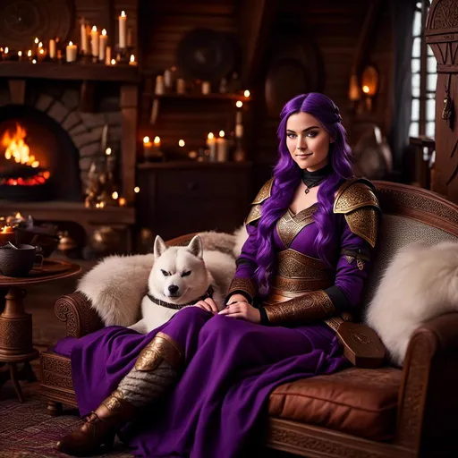 Prompt: Photo of <mymodel> lying on her couch in her viking house