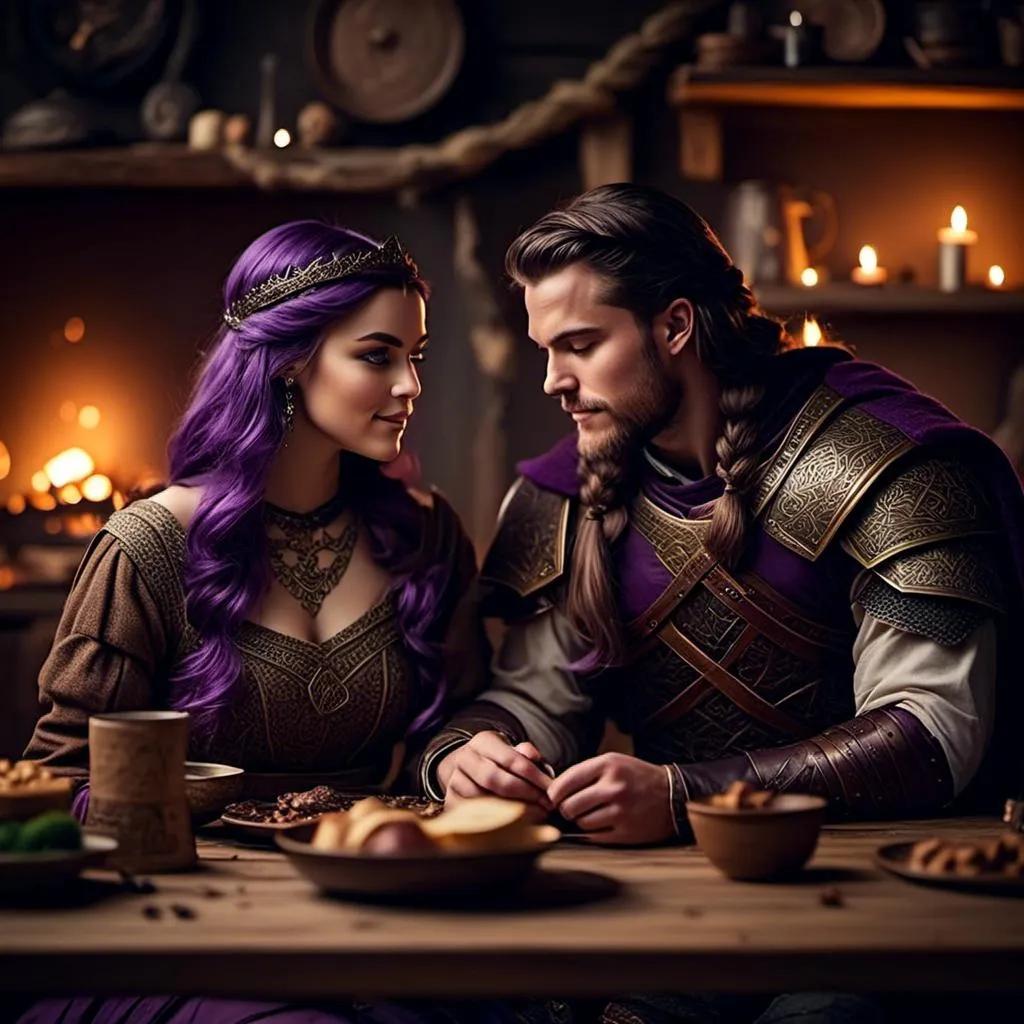 Prompt: Photo of a young <mymodel> sitting at the supper table with her husband a young Jarl Mollerson, he has short brown hair and no beard, they are in their viking house