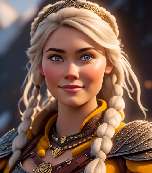 Prompt: <mymodel>CGI Animation, digital art, 20-year-old-old viking woman with light blue eyes, yellow clothes, gold colored armor, white hair, double braids down her shoulders with a tiara, subtle smile, unreal engine 8k octane, 3d lighting, close up camera shot on the face, full armor