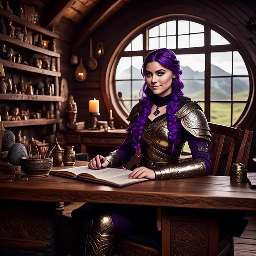 Prompt: Photo of <mymodel> with no armor casually relaxing sitting at a desk in her viking house