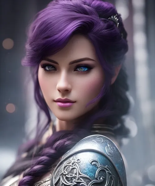 Prompt: she has dark purple hair, create most beautiful fictional female viking princess warrior, dark purple hair, light blue eyes, extremely detailed environment, detailed background, intricate, detailed skin, professionally color graded, photorealism, 8k, moody lighting
