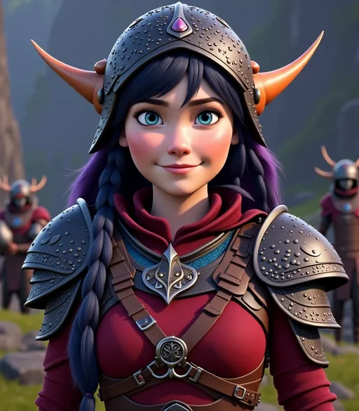 Prompt: <mymodel>CGI Animation, digital art, 20-year-old-old viking woman with violet eyes, Dark red Long sleeve shirt, skirt with dragon teeth on it, wears the snow wraith hood, ((dark dark blue hair with teal, pink and purple streaks)), subtle smile, unreal engine 8k octane, 3d lighting, close up camera shot on the face, full armor
