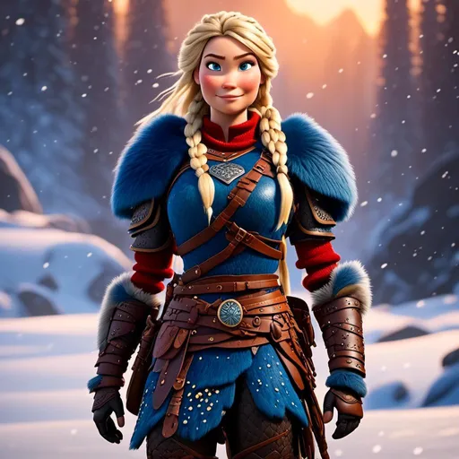 Prompt: <mymodel>CGi Animation, 25-year-old viking woman warrior with blue eyes, a snowy scene, the viking woman has a subtle smile, blonde dreadlocks and braids in her hair, she has red gear, gold armor with bursts of blue textured splotches, black pants, black boots