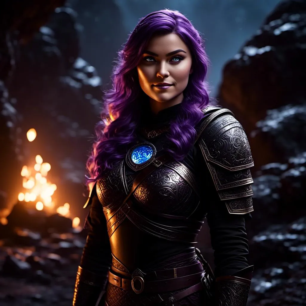 Prompt: <mymodel>25-year-old viking woman, subtle smile, light blue eyes, black gear, bright black armor, black textures and highlights, standing in the shadows of the a dark cave at night, short focus, blurry background, moonlit scene, unreal engine 8k octane, 3d lighting, full body, full armor